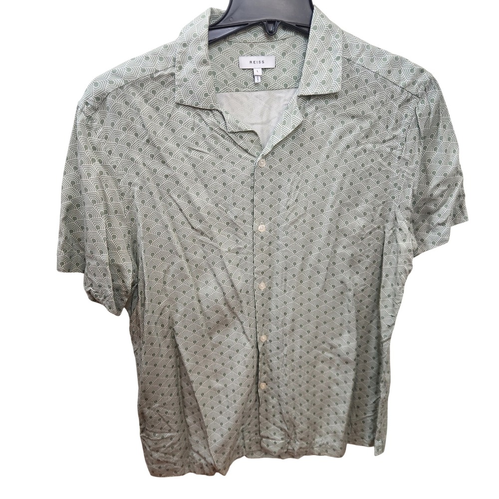 REISS Mens Geometric Print Short Sleeve‎ Button Up Shirt Green Size Large
